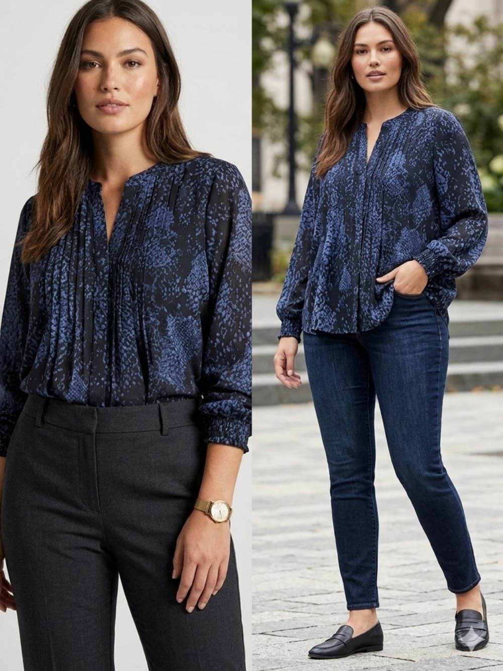T Tahari Blue & Black Snakeskin Print Pleated V-Neck Blouse Medium